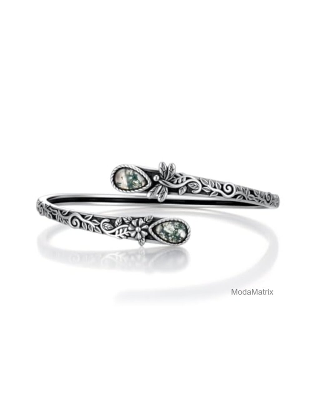 Nature Moss Agate Dragonfly Bracelet 925 Sterling Silver Real Gemstone